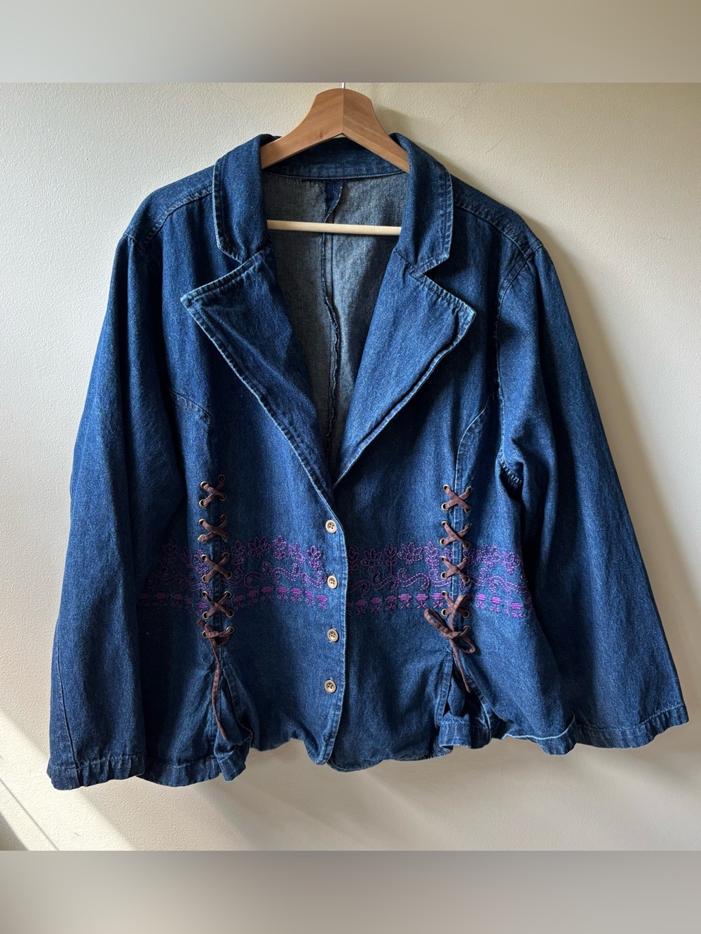 Boho Denim Jacket with Purple Embroidery and Lace Up Details